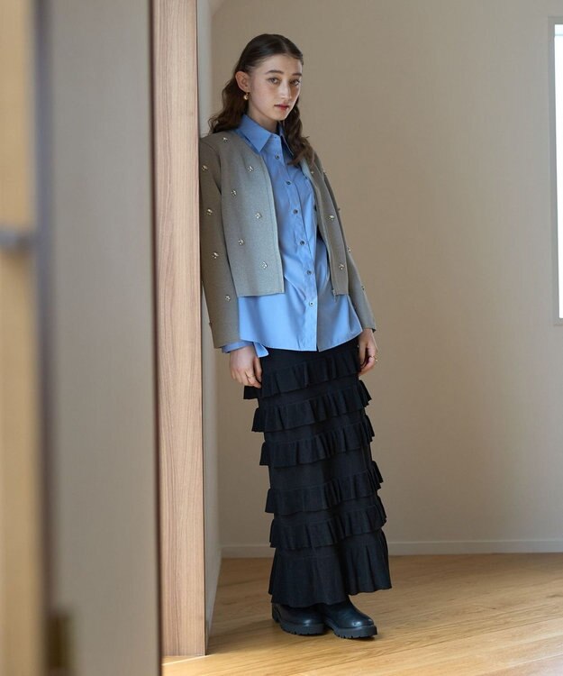 YECCA VECCA ティアードフリルラメニットスカート Black