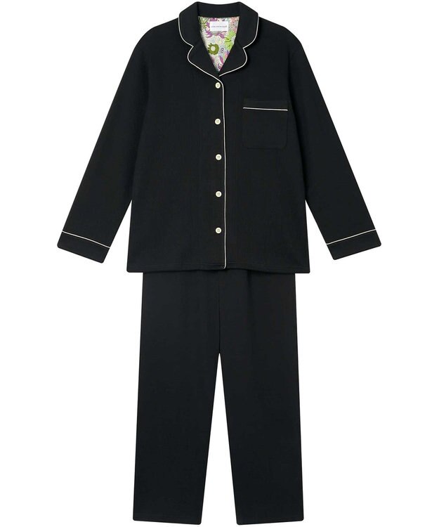 une nana cool 【綿混】ソフトコットンリブ 長袖開襟パジャマ MADE WITH LIBERTY FABRIC ブラック