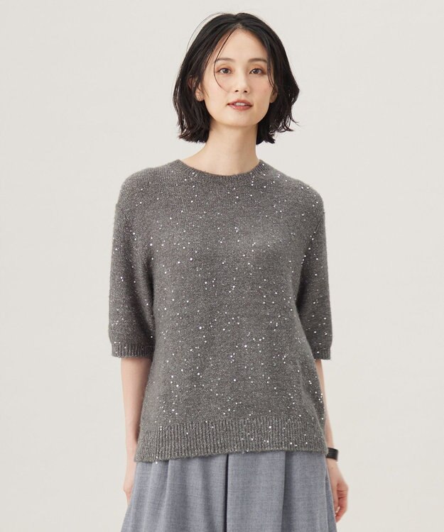 自由区 【アンサンブル対応・洗える】スパンコールプルオーバー ニット チャコール