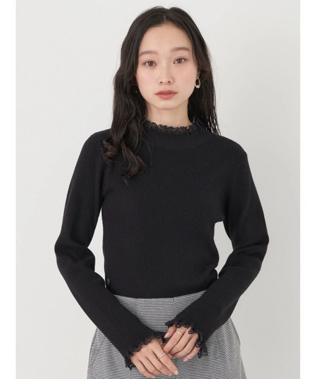 earth music&ecology レースドッキングリブニット Black