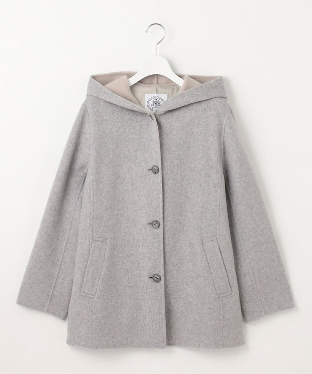 J.PRESS LADIES ウールナイロンリバー フード付き コート ライトグレー×ベージュ系
