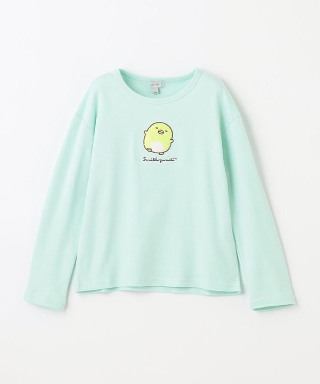 ANY KIDS 【すみっコぐらし】サガラ刺繍 長袖 Tシャツ エメラルドグリーン×ぺんぎん？