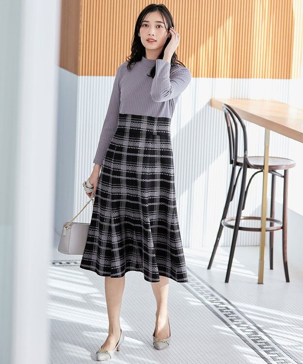 ANY SIS 【洗える】チェックジャガードコンビ ワンピース ラベンダー系