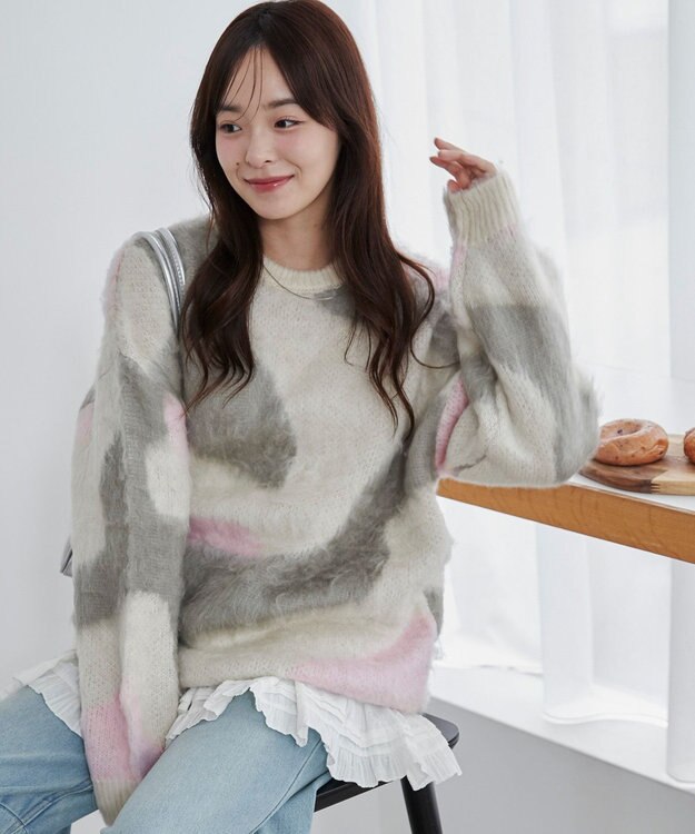 WEGO 【ユニセックス着用ITEM】マーブルシャギーニットプルオーバー ライトグレー