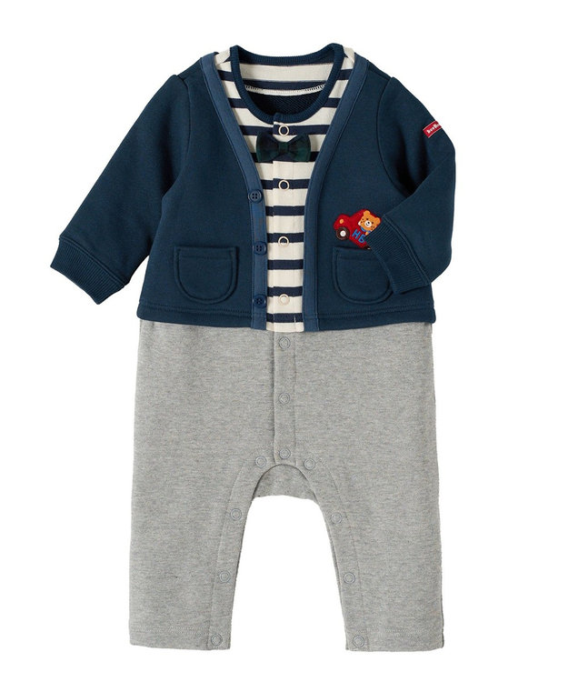 MIKI HOUSE HOT BISCUITS 【70-80cm】カーディガン重ね着風 カバーオール 紺