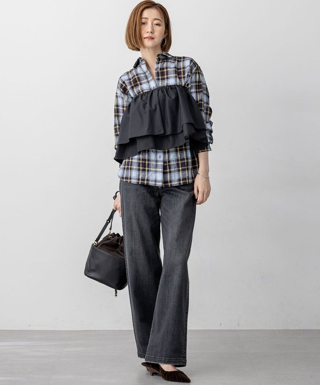 23区 【WEB限定】シャーリング チェック シャツ ブルーチェック