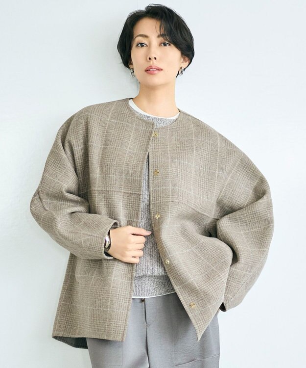自由区 L 【17号サイズまで展開・カタログ掲載】ウールリバーチェック柄ノーカラー コート モカチェック