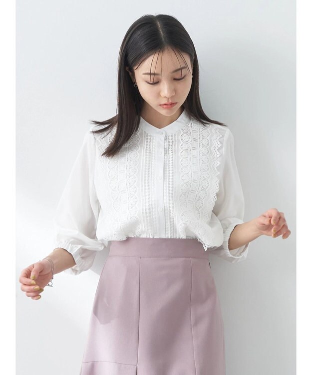 earth music&ecology フロントレースシフォンブラウス Off White