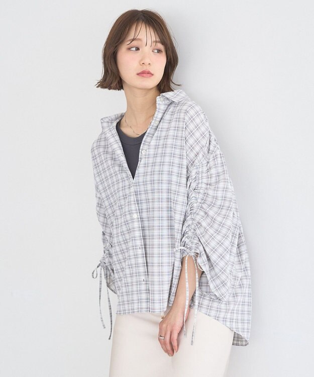 earth music&ecology シャーリングスリーブチェックシャツ Gray