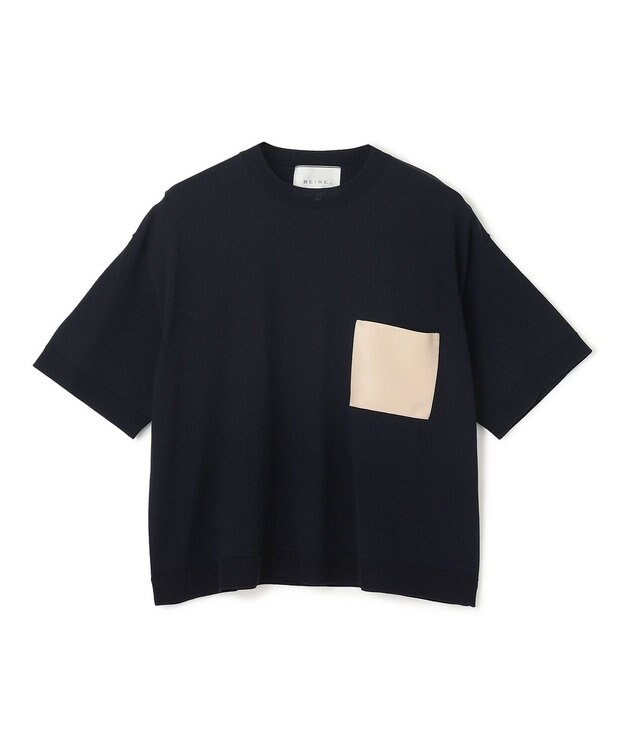 BEIGE， 【洗える】NADIA / レザーポケット付き半袖ニットTシャツ Navy