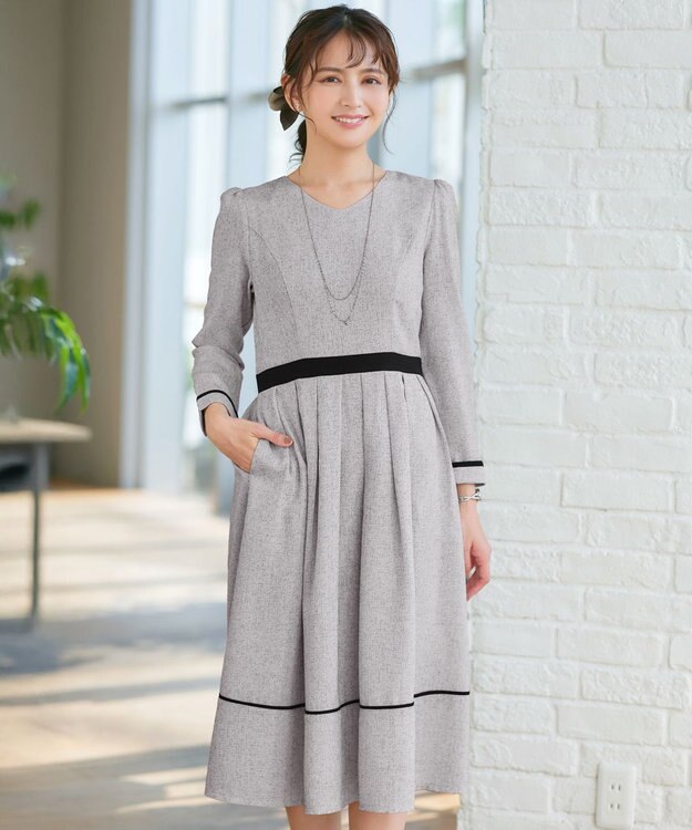 Tiaclasse 【洗える】配色パイピングフレアワンピース オフホワイトブラック