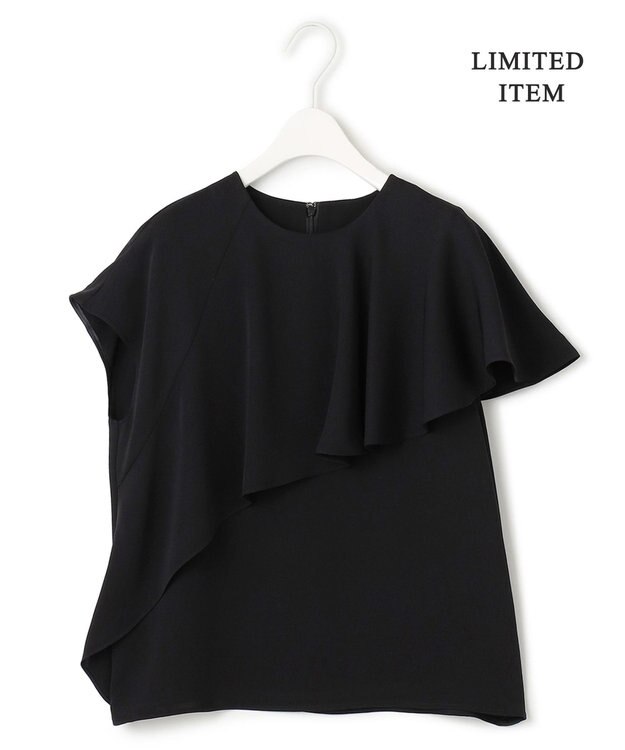 ICB 【接触冷感・UVケア・防シワ・洗える】エステルダブルクロス  ラッフルデザインブラウス ブラック系