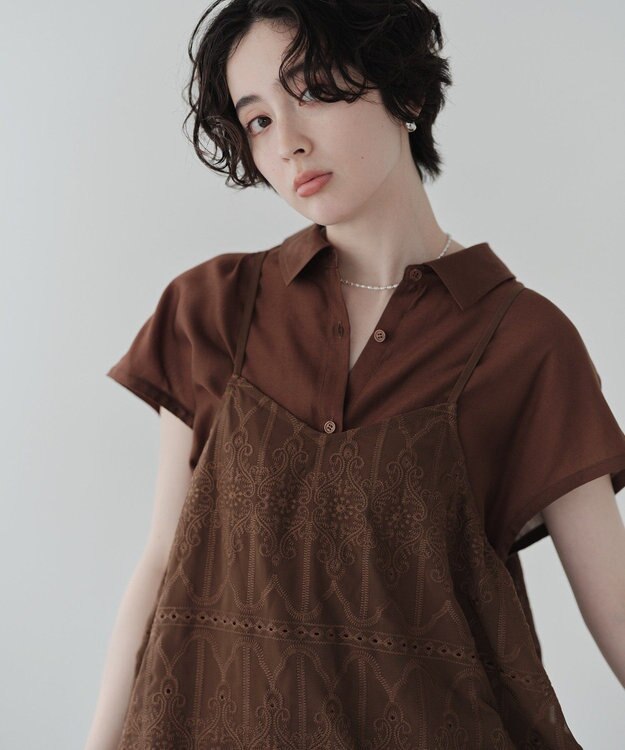 Green Parks ＳＥＴ２点刺しゅうキャミ＋シャツ Brown