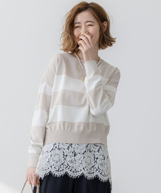 23区 L 【洗える】コットンポリエステルストレッチ ショート ニット ベージュ×オフ