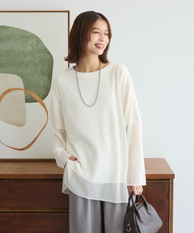 Green Parks メッシュ長袖ゆるカットプルオーバー Ecru