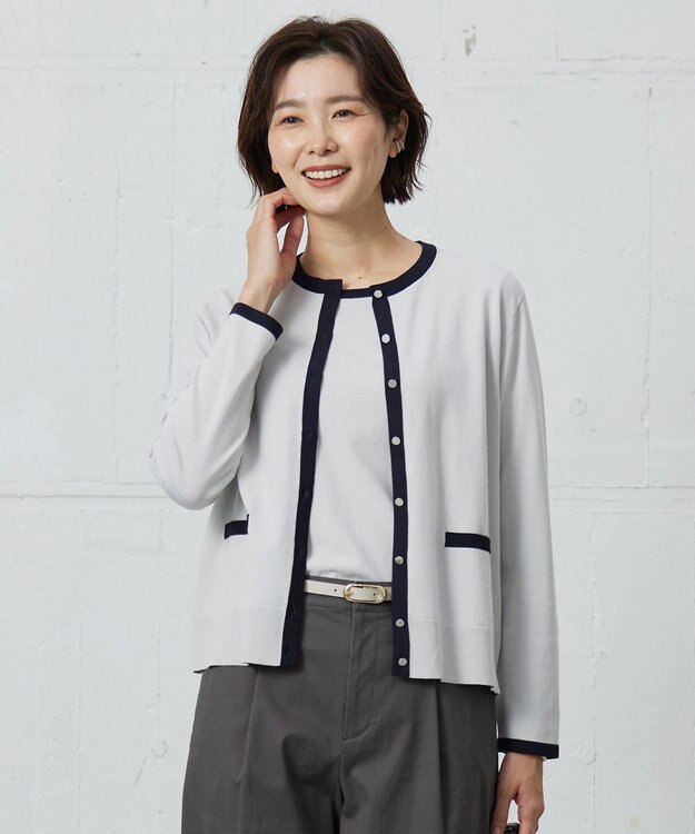 J.PRESS LADIES L 【洗える・ニットセット】TRIM TWIN ニット ライトグレー×ネイビー系