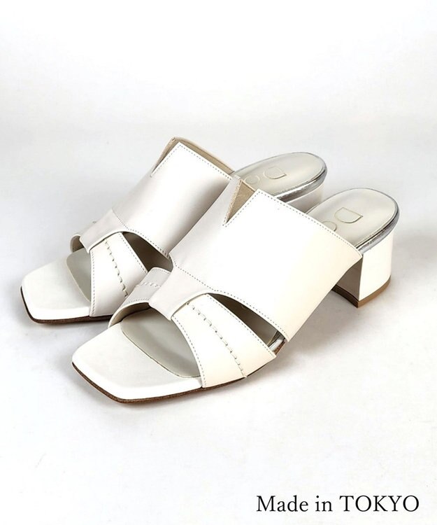 Dominic3 型押しヒール レザーVカットミュール アイボリー