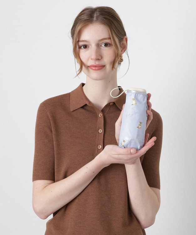 MOONBAT 【 遮光率100％/遮熱/UV/コンパクト】PAUL&JOE ACCESSOIRES(ポール&ジョー) 晴雨兼用日傘 ヌネット×ロゴ ネコ 5段折りたたみ傘 サックスブルー