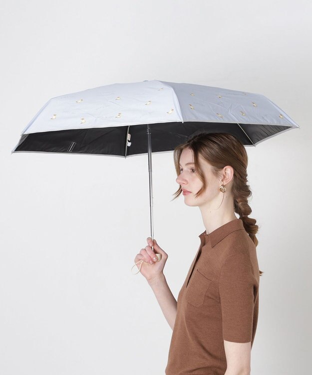 MOONBAT 【 遮光率100％/遮熱/UV/コンパクト】PAUL&JOE ACCESSOIRES(ポール&ジョー) 晴雨兼用日傘 ヌネット×ロゴ ネコ 5段折りたたみ傘 サックスブルー