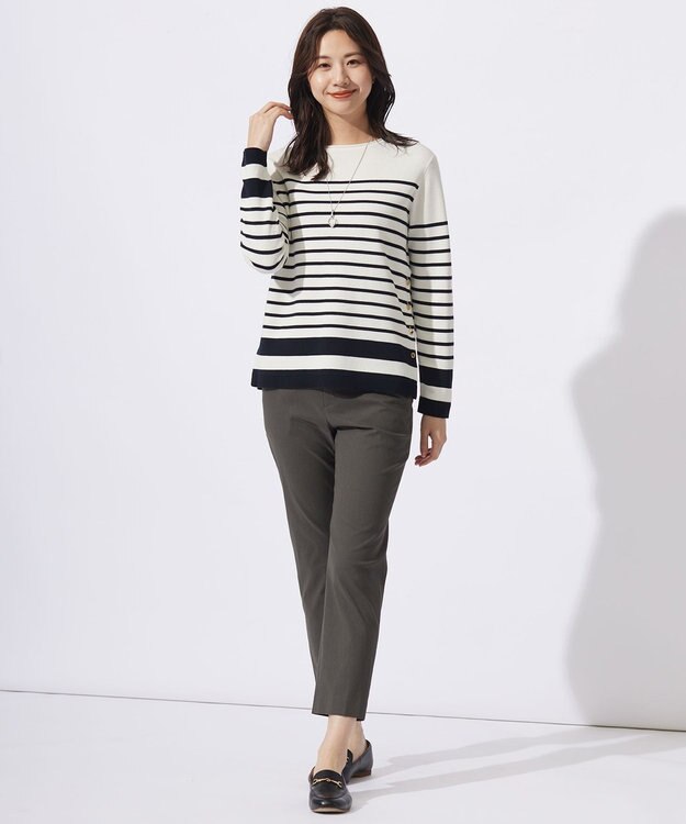 J.PRESS LADIES 【洗える】COTTON ACETATE クルーネック ニット オフ×ネイビー系1