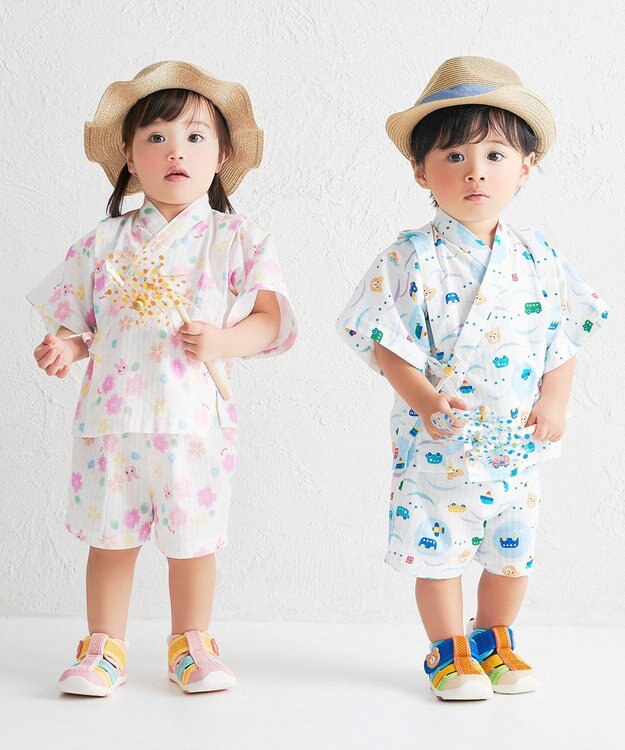 MIKI HOUSE HOT BISCUITS 【80-120cm】総柄 甚平スーツ ブルー