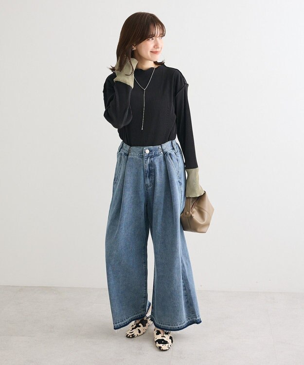 Green Parks プリーツ袖配色プルオーバー Black