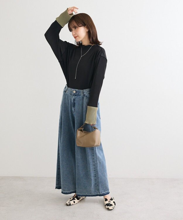 Green Parks プリーツ袖配色プルオーバー Black