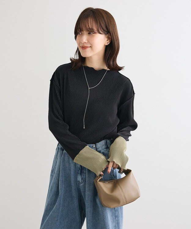 Green Parks プリーツ袖配色プルオーバー Black