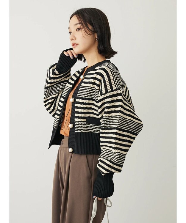 Green Parks ・ＥＬＥＮＣＡＲＥ　ＤＵＥ　パール釦カーディガン Border Black