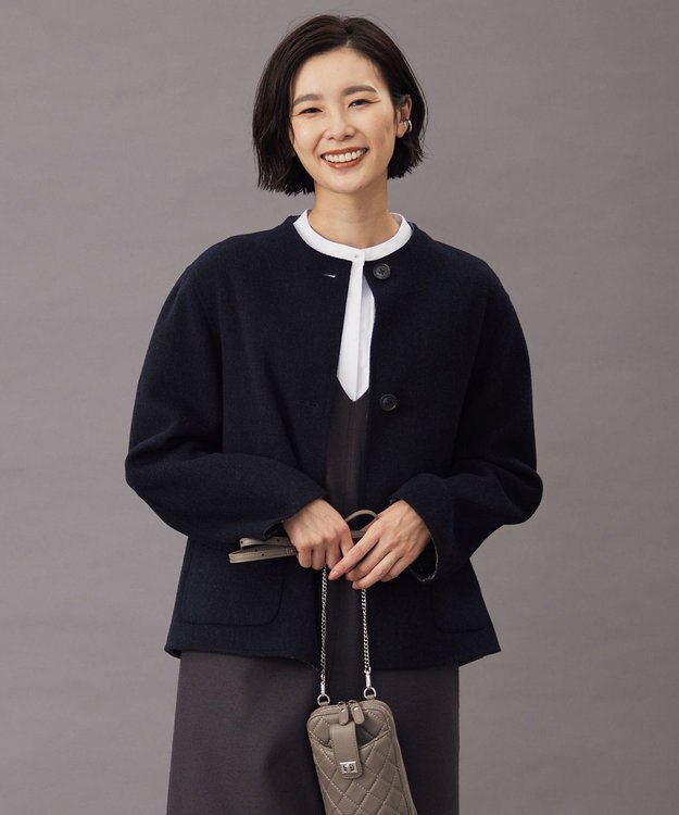 J.PRESS LADIES L 【リバーシブル】ウールナイロン リバー チェック ショート コート ネイビー系