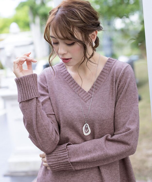 Tiaclasse L 【洗える】Vネックリブニットチュニック モカ