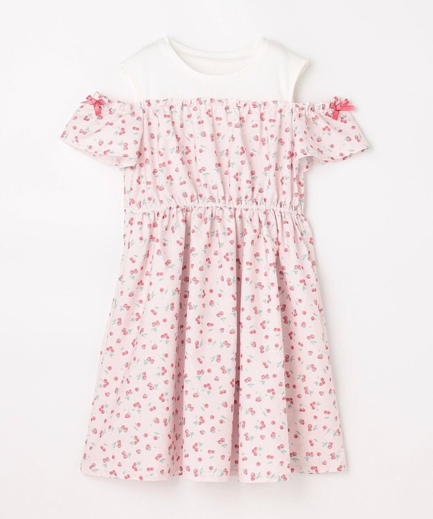 ANY KIDS 【洗濯機可能】オンオフショルダーワンピース ピンク×フルーツ