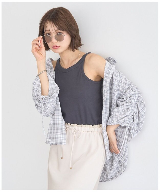 earth music&ecology シャーリングスリーブチェックシャツ Gray