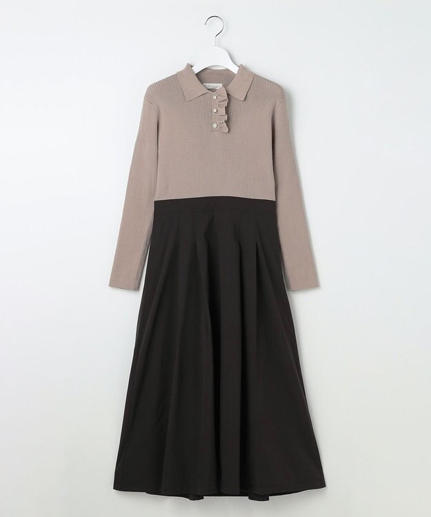 Feroux 襟付きドッキング ワンピース グレージュ×ブラック系
