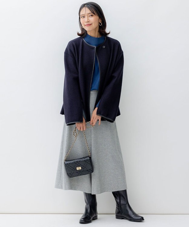 23区 【洗える】ウールミルドジャージー ボトルネック プルオーバー ダルブルー系