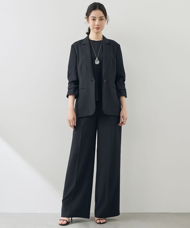 自由区 【カタログ掲載・セットアップ対応・セレモニー・ハレの日・通勤】テクスチャードスーツストレートワイド パンツ ブラック