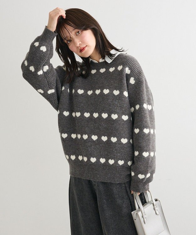 Green Parks ・ｓｗｉｎｇ　ｂｙ　ハートジャカードクルーニット Charcoal Gray