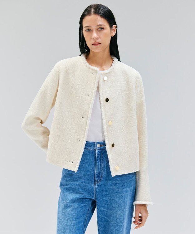 BEIGE， 【Oggi 10月号掲載】MULLIN / ウールツイードメタルボタンノーカラージャケット Bone