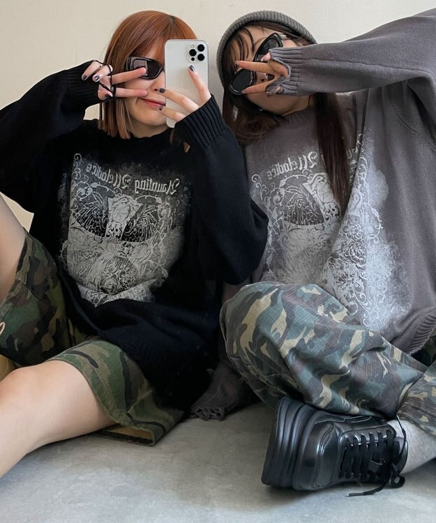 WEGO クラッシュBIGプリントニットプルオーバー ブラック