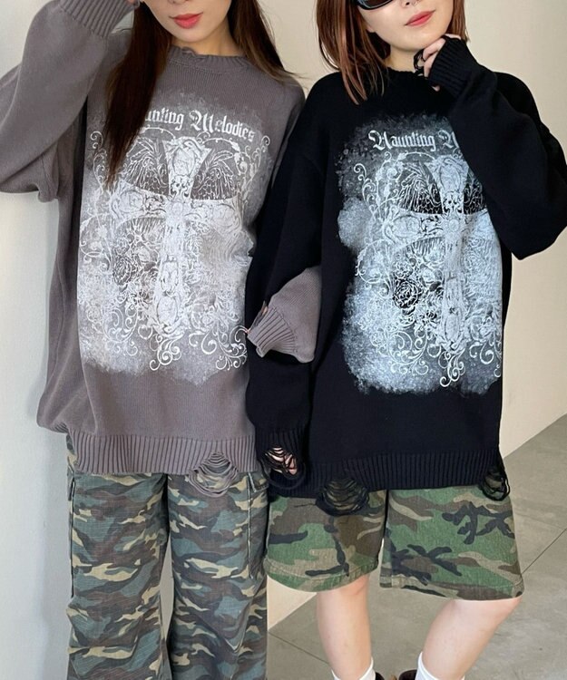 WEGO クラッシュBIGプリントニットプルオーバー ブラック