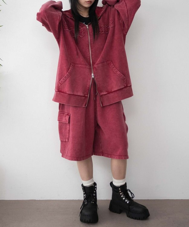 WEGO ロゴヴィンテージウォッシュジップパーカー レッド