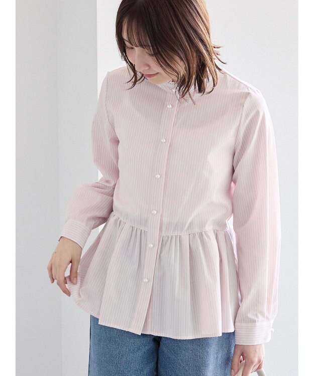 Te chichi パール釦スタンドフリルペプラムブラウス ピンク