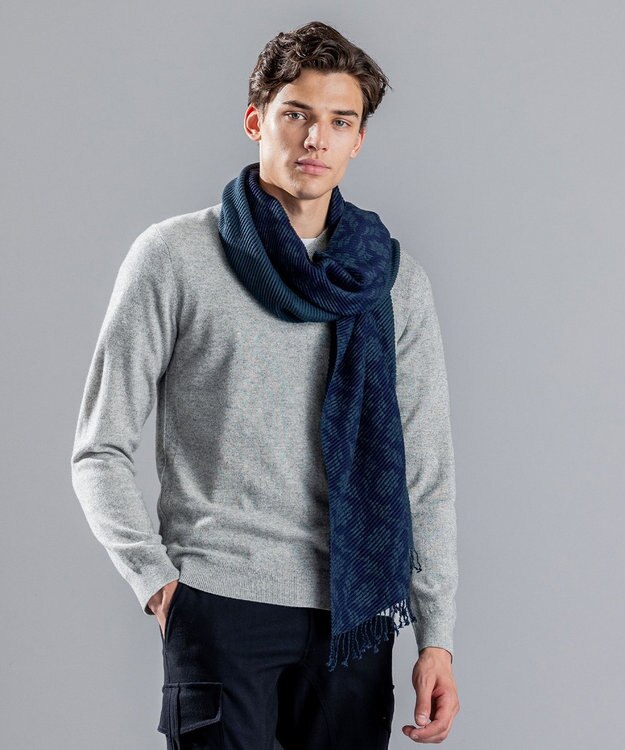 JOSEPH HOMME シルクカシミヤ　プリーツストール　オーナメント柄 ピーコックグリーン系