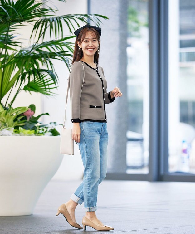 Tiaclasse L 【洗える】フェイクリボンポケット付きカーディガン モカ×ブラック