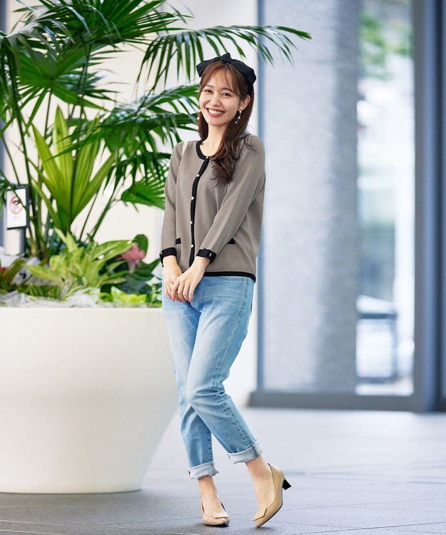 Tiaclasse L 【洗える】フェイクリボンポケット付きカーディガン モカ×ブラック