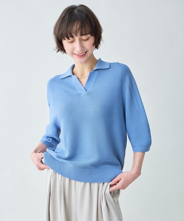 ANY L アクリルガーターポロ衿ニット ブルー