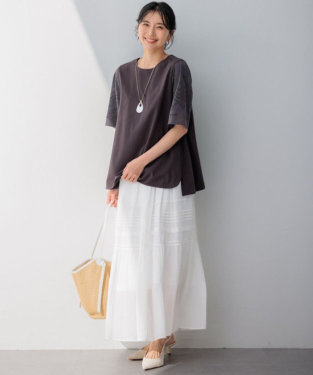 23区 【洗える】エンブロイダリー コンビジャージー カットソー ダークブラウン系