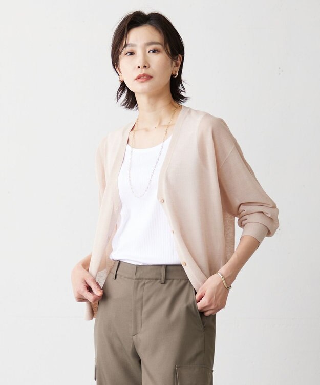 J.PRESS LADIES S 【洗える】LINEN MIX SHEER Vネック カーディガン ベージュ系