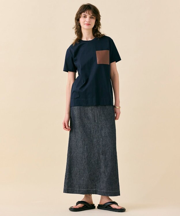 BEIGE， 【WEB限定・洗える】TORENIA / レザーポケットコットンクルーネックTシャツ Navy×Brown