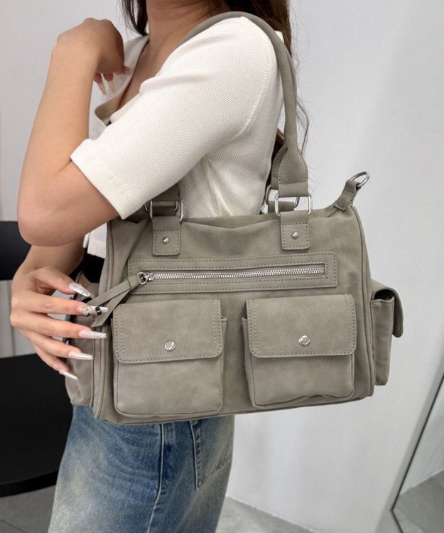WEGO ポケットデザインボストンショルダー ベージュ